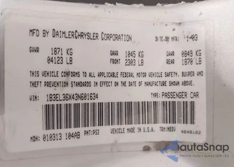 2003 Dodge Stratus Se from USA, damaged, VIN 1B3EL36X43N601634